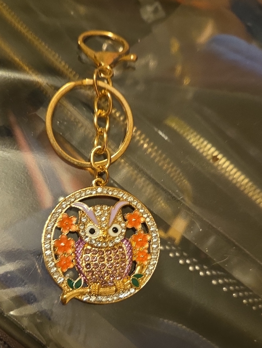 Gold Owl Keychain with Purple Rhinestones and Orange Floral Accents